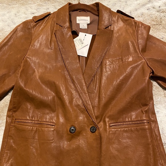 BNWT CLUB MONACO DOUBLE BREASTED GENUINE LEATHER BLAZER JACKET in SADDLE BROWN - Picture 3 of 15